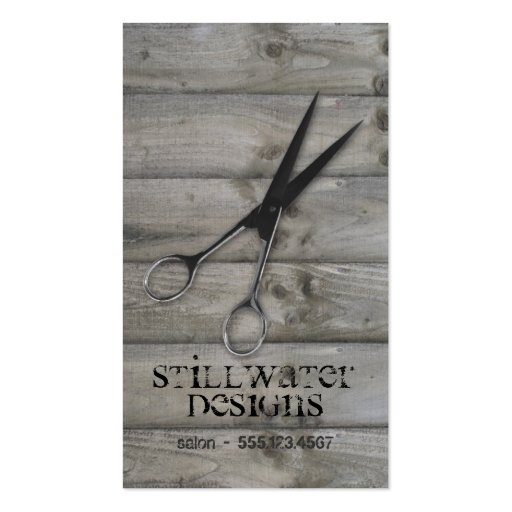 Grunge barnwood Scissors hair stylist wood Business Card Templates (front side)