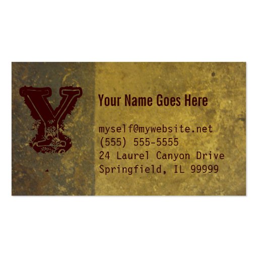 grunge business card, gray, yellow and burgundy (front side)