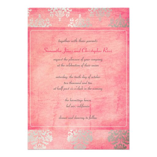 Grunge Damask/pink/faux silver wedding invitations