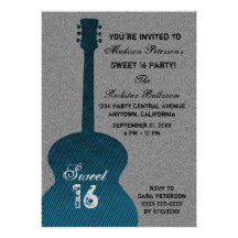 Grunge Guitar Stripes Sweet Sixteen Invite, Blue