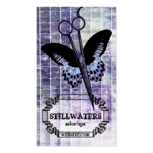 grunge purple butterfly scissors hair stylist spa business card templates (front side)