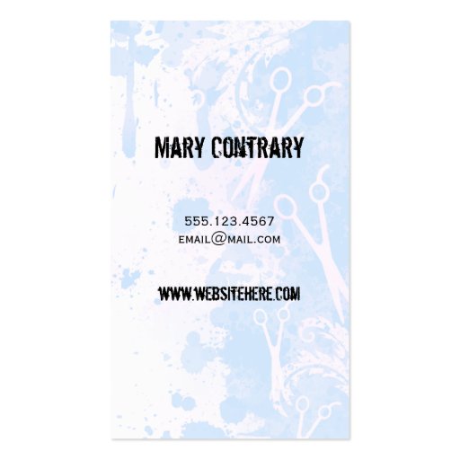 grunge spray paint splatter blue hair stylist business cards (back side)