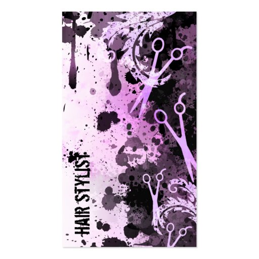 grunge spray paint splatter purple hair stylist business cards (front side)