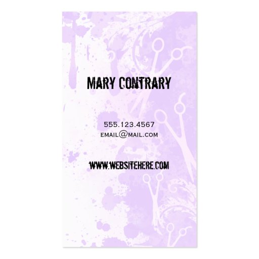 grunge spray paint splatter purple hair stylist business cards (back side)