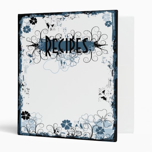 Grunge Swirl Flowers Recipes Binder White Blue