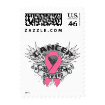 Grunge Winged Ribbon Breast Cancer Survivor Postage Stamps