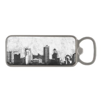 Grungy city background in black and white magnetic bottle opener