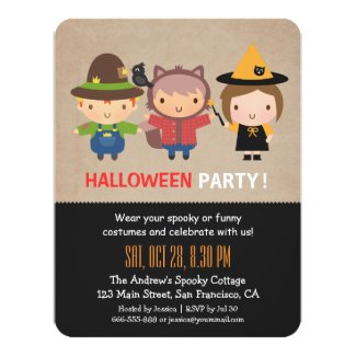 Cartoony happy not scary Cute Kids Halloween Party Invitations with children in costumes