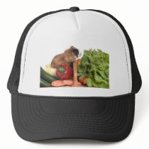 guinea pig in a basket of vegetables trucker hat