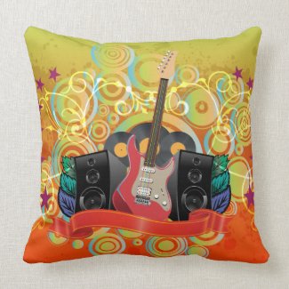 guitar and speakers with funky background throw pillows