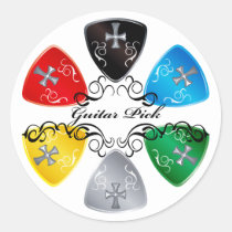 illustration, guitar, guitar-pick, music, rock, rock-and, roll, colorful, black, red, yellow, gray, blue, punk, bass, band, graphic, design, round, triangle, Sticker with custom graphic design