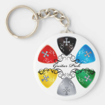 illustration, guitar, guitar-pick, music, rock, rock-and, roll, colorful, black, red, yellow, gray, blue, punk, bass, band, graphic, design, round, triangle, Keychain with custom graphic design
