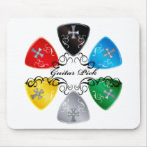 illustration, guitar, guitar-pick, music, rock, rock-and, roll, colorful, black, red, yellow, gray, blue, punk, bass, band, graphic, design, round, triangle, Mouse pad with custom graphic design