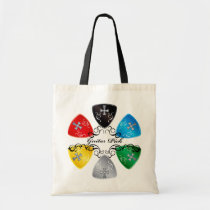 illustration, guitar, guitar-pick, music, rock, rock-and, roll, colorful, black, red, yellow, gray, blue, punk, bass, band, graphic, design, round, triangle, Bag with custom graphic design
