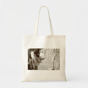 Guitar players behind tiki hut sepia toned tote bag