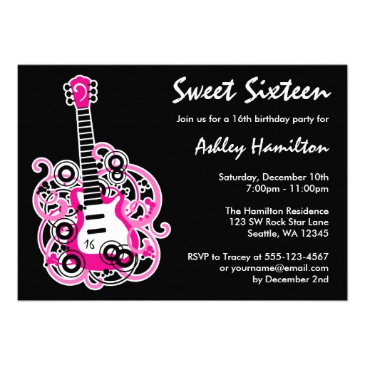 Guitar Rock Star Sweet 16 Birthday Party Hot Pink Custom Invitation