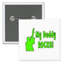 guitar rocks holding up electric green daddy rocks pinback button