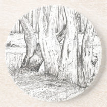 Gum trees along the riverbank black ink drawing coaster