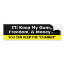 Guns, Freedom, and Money Zazzle Bumper Sticker Siz bumper stickers