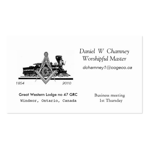 GW47, Great Western Lodge no 47 GRC, Daniel  W ... Business Card (front side)