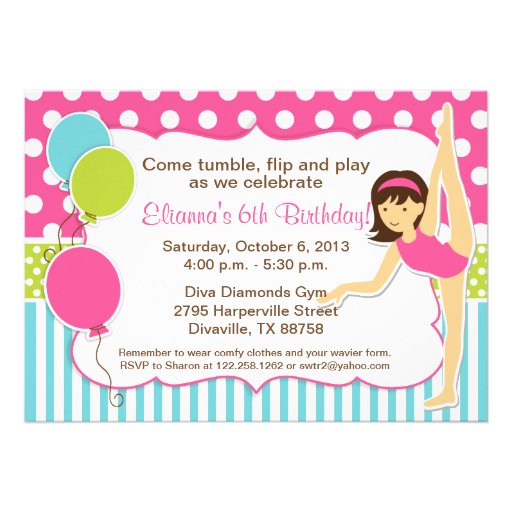 Gymnastic Pink Green and Blue Girl with Dark Hair Custom Announcements