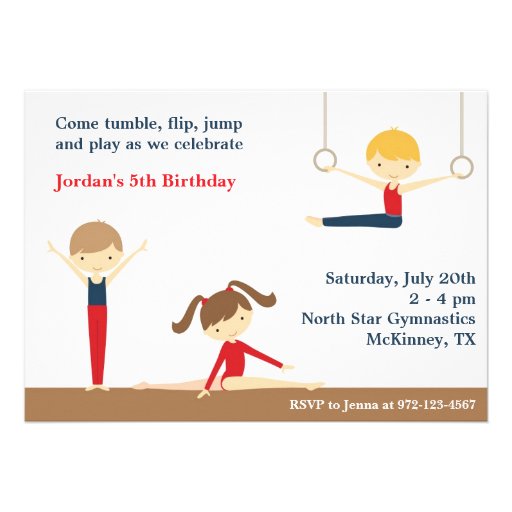 Gymnastics Boy and Girl Birthday Party Invitation (front side)