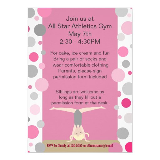 Gymnastics Party Invitation Pink and Gray
