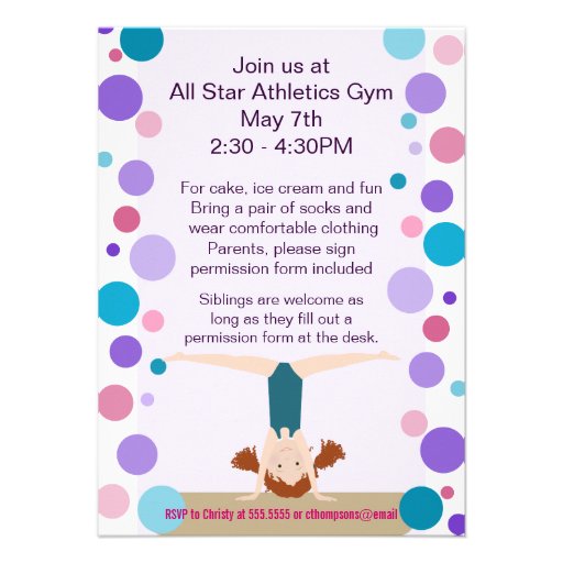Gymnastics Party Invitation Purple, Teal and Pinks