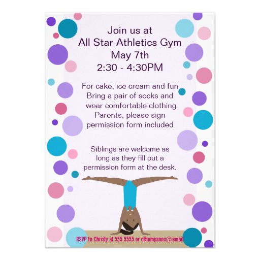 Gymnastics Party Invitation Purple, Teal and Pinks