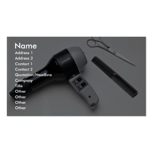 Hair dryer with scissors and comb business card template (front side)