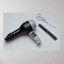 Hair dryer with scissors and comb posters