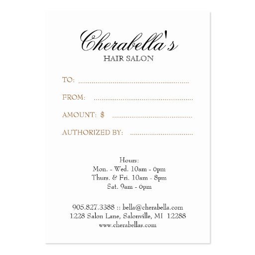 Hair Salon Gift Certificate White Gold Business Card Templates (back side)