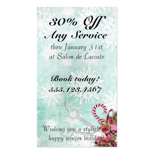 Hair salon stylist holiday coupon gift card xmas business card template (back side)