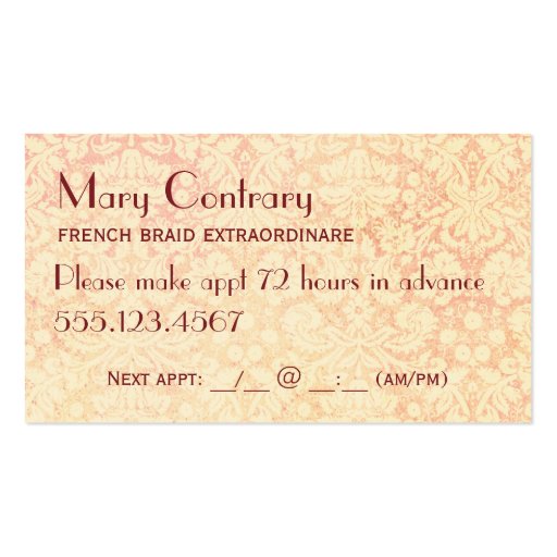 Hair Stylist Beauty Damask Vintage Business Card (back side)