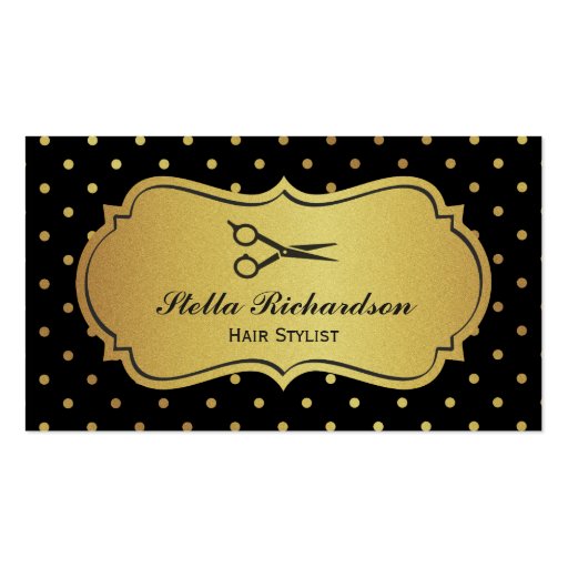 Hair Stylist - Black and Gold Glitter Polka Dots Business Cards (front side)