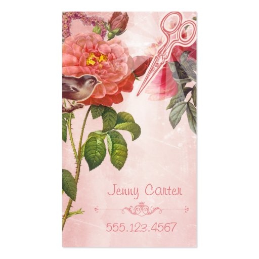 Hair Stylist Business Card Grunge Floral Pink (front side)