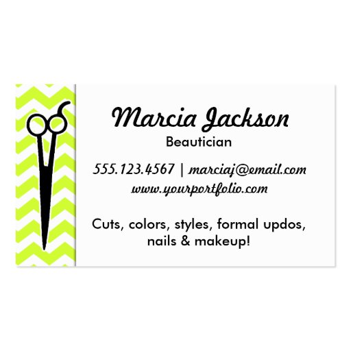 hair stylist chartreuse green chevron scissors business card (back side)