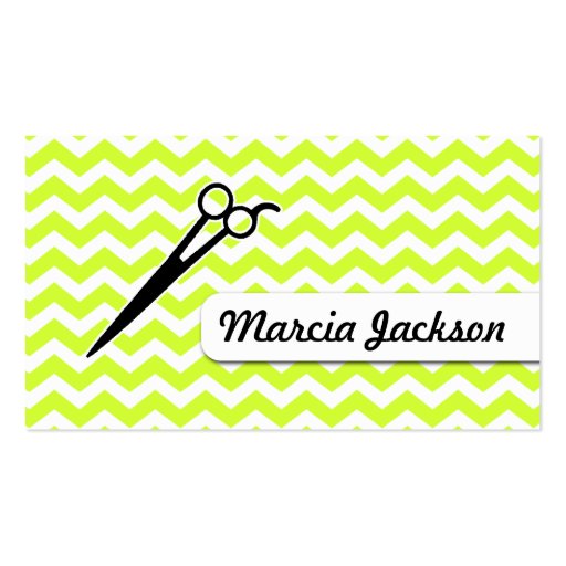 hair stylist chartreuse green chevron scissors business card (front side)
