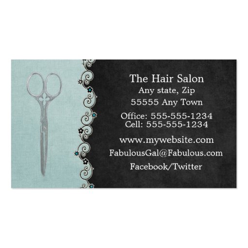 Hair Stylist Chic Black And Teal with Flower Vine Business Card Templates (back side)