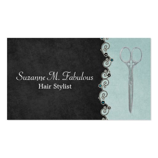 Hair Stylist Chic Black And Teal with Flower Vine Business Card Templates (front side)