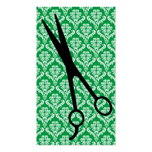 hair stylist emerald green damask scissors cosmo business card templates (front side)