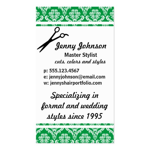 hair stylist emerald green damask scissors cosmo business card templates (back side)