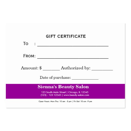Hair stylist Gift Certificate Business Cards (back side)