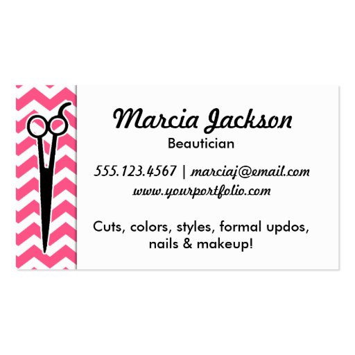 hair stylist girly pink chevron scissors business card templates (back side)