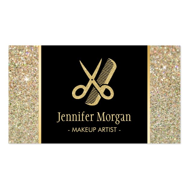 Hair Stylist Modern Gold Glitter Scissors Comb Business Card (front side)