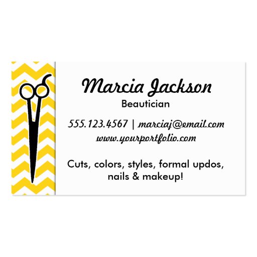 hair stylist mustard yellow chevron scissors business card (back side)