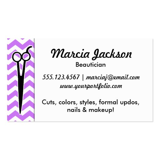 hair stylist pastel purple girly chevron scissors business card (back side)