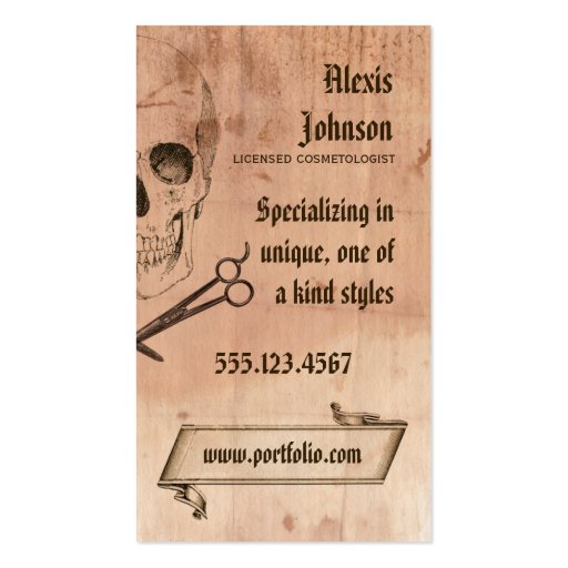 hair stylist punk grunge skull hairstylist brown business card template (back side)