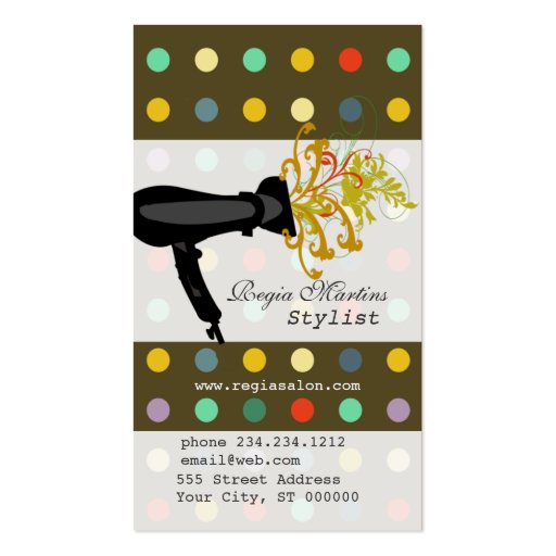 Hair Stylist Retro Polkadot Salon Business Card Template (front side)