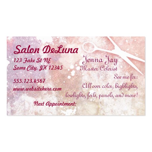 hair stylist salon galaxy pink trendy scissors business card template (back side)